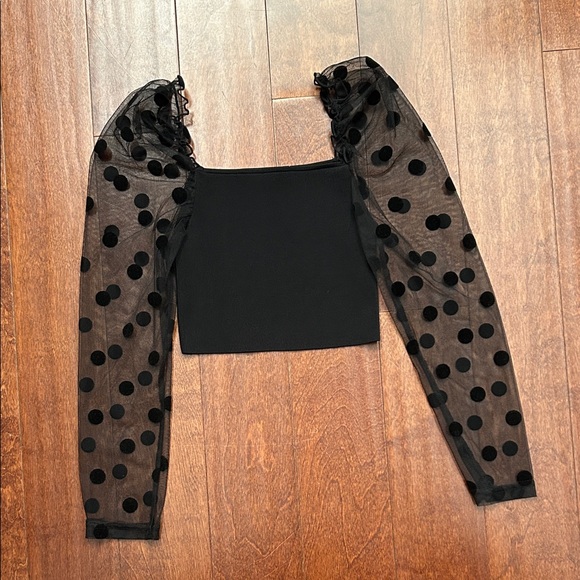 Zara Tops - Zara Black Blouse with Polka Dot Mesh Puff Sleeves, Size Small